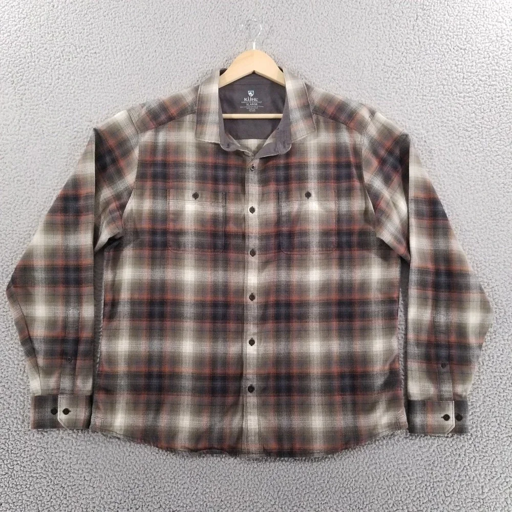Kuhl Shirt Mens XL Brown Plaid The Law Flannel Outdoor Hiking Workwear Button Up